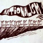 Nationalism in Schools - a person is leading students off a cliff flying a flag that reads nationalism